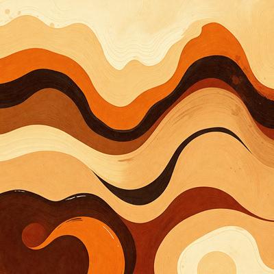 The primary subject of the image is a colorful, swirling pattern that resembles a painting or a piece of art. The setting is a wooden surface, which adds to the visual style of the image. The colors and mood of the image are vibrant and lively, with a mix of orange, brown, and white hues. The overall atmosphere of the image is dynamic and engaging, capturing the viewer's attention.